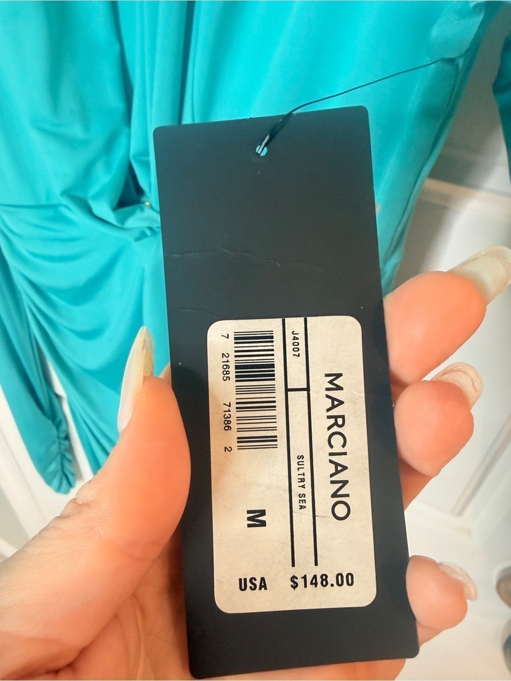 Marciano Turquoise Draped Asymmetric Dress Medium - Picture 2 of 6
